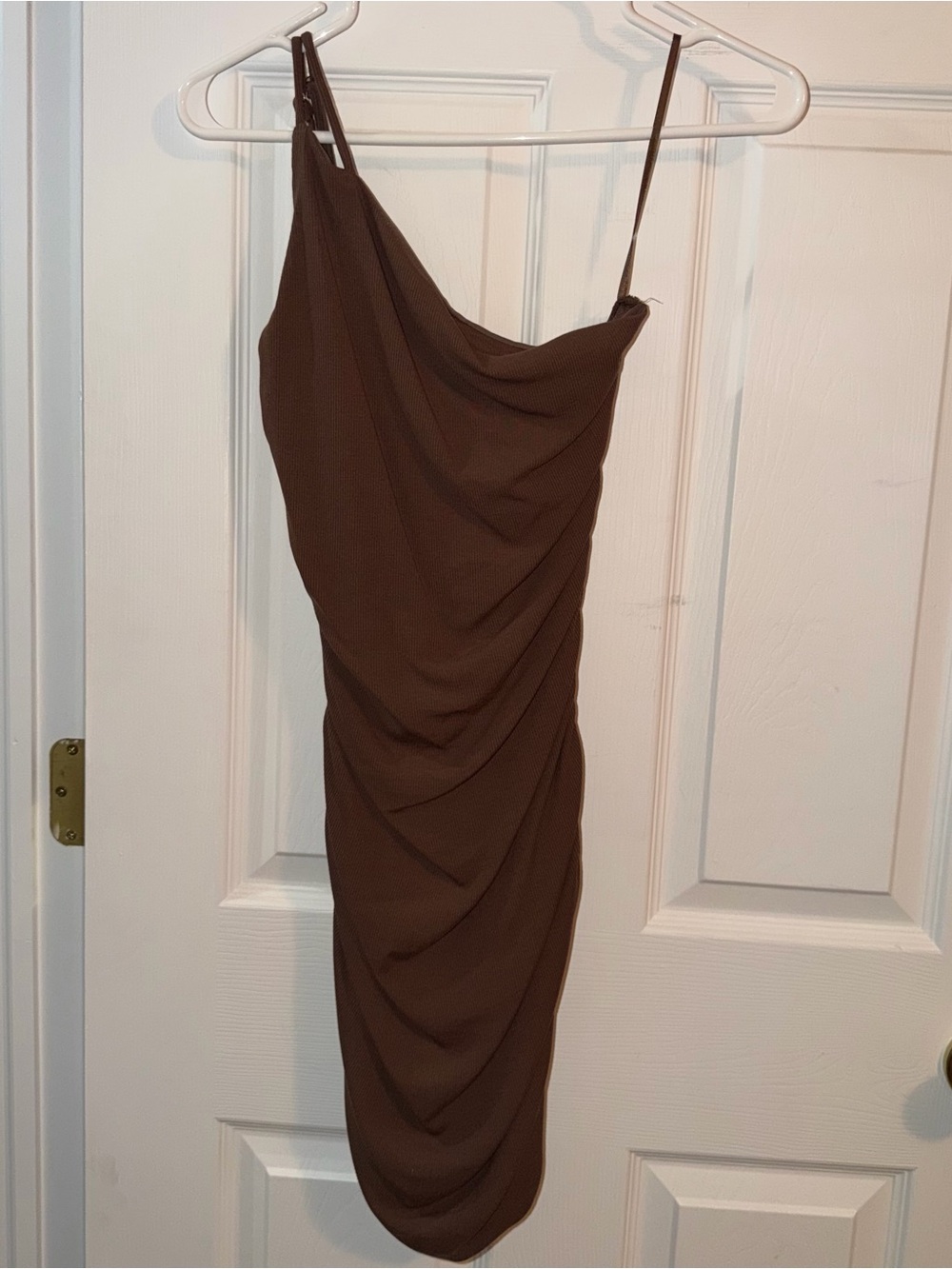 Princess Polly Reece One-Shoulder Ruched Brown Mini Dress - Picture 3 of 8